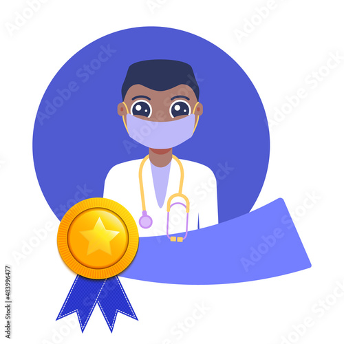 Doctor honor award. Gold medal for best employee of the month with man portrait and a ribbon. Star performer medallion for top achievements. Cartoon vector illustration.