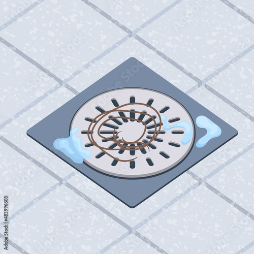 Hair clump stuck in the shower drain. Hair fall problem. Alopecia symptom concept. Cleaning tiled floor after washing scalp. Cartoon vector illustration