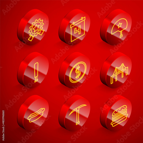 Set line Medal with star, Calendar date July 4, Military helmet, Baseball bat, Coin money dollar, Golden gate bridge, Hotdog sandwich and Pickaxe icon. Vector