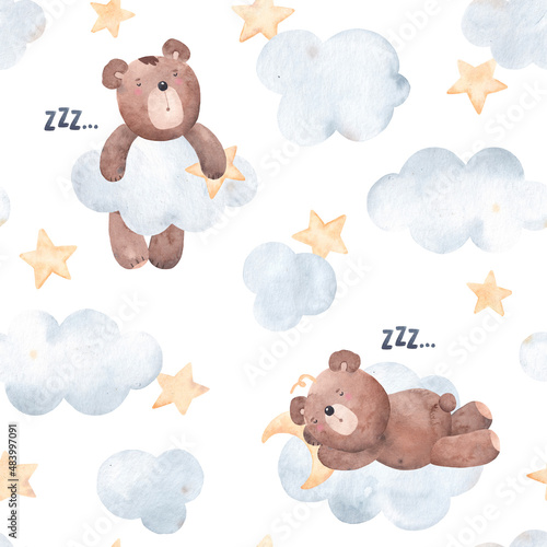 Seamless pattern with teddy bears on clouds, moon and stars. Watercolor illustration. Perfect for kids fabric, textile, nursery wallpaper.