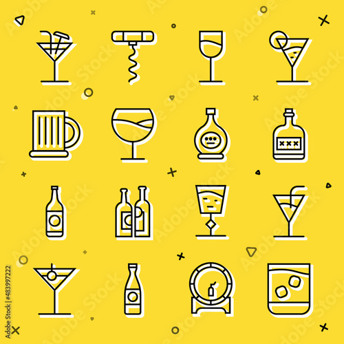 Set line Glass of whiskey, Cocktail, Alcohol drink Rum bottle, Wine glass, Wooden beer mug, and Bottle cognac or brandy icon. Vector
