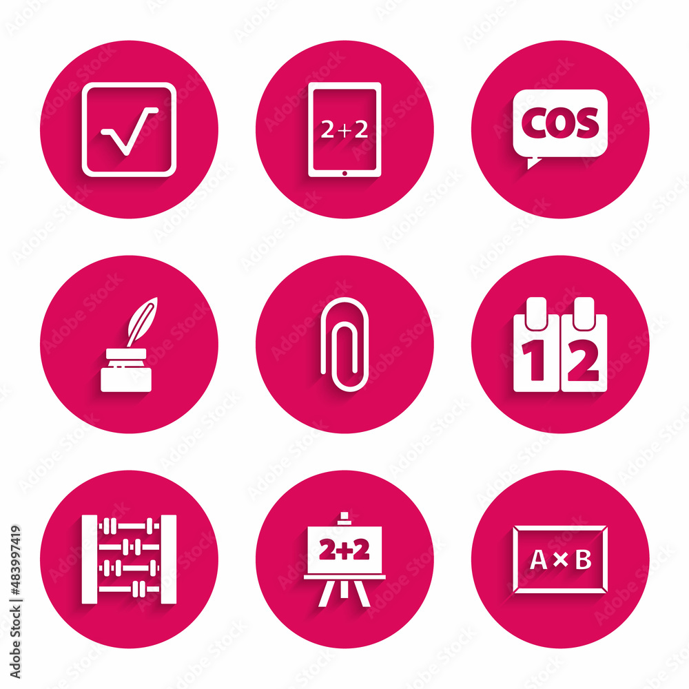 Set Paper clip, Chalkboard, Calendar, Abacus, Feather and inkwell, Mathematics function cosine and Square root icon. Vector Set Paper clip, Chalkboard, Calendar, Abacus, Feather and inkwell, Mathematics function cosine and Square root icon. Vector