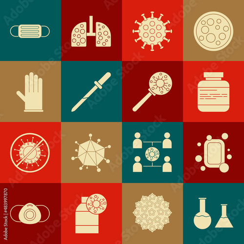 Set Test tube and flask, Bar of soap, Medicine bottle pills, Virus, Pipette, Medical rubber gloves, protective mask and under magnifying glass icon. Vector