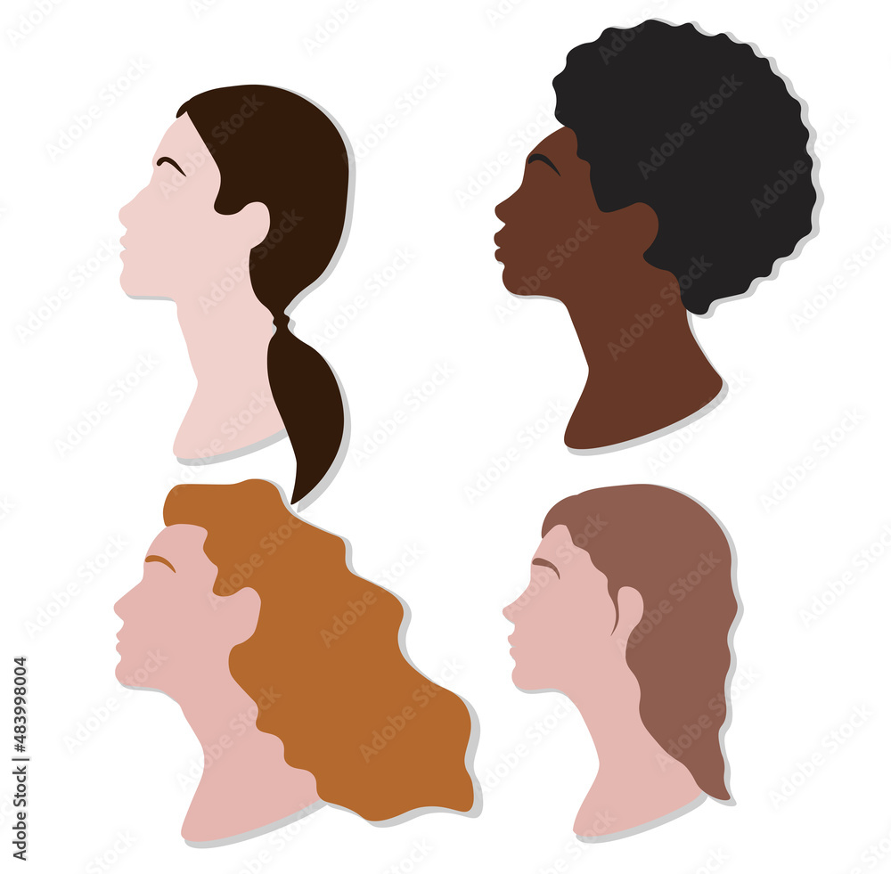 Four strong women of different nationalities are looking in the same direction. The girl is African American, Irish, Asian, Slavic. Bust or head isolated on white background.