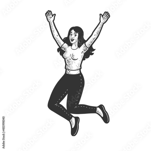 Happy jumping girl woman sketch engraving vector illustration. T-shirt apparel print design. Scratch board imitation. Black and white hand drawn image.