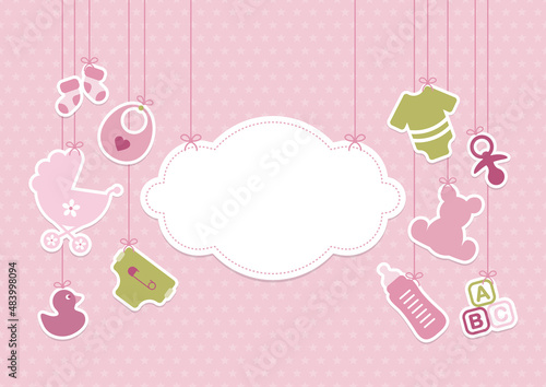 Hängende Babysymbole Mädchen Neben Wolke Rosa Olivgrün Sterne Grau