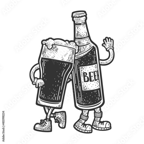 Beer bottle hugs glass of beer sketch engraving vector illustration. T-shirt apparel print design. Scratch board imitation. Black and white hand drawn image.
