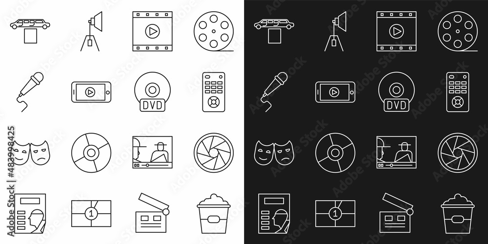 Set line Popcorn in box, Camera shutter, Remote control, Play Video, Online play video, Microphone, Limousine car and carpet and CD DVD disk icon. Vector Set line Popcorn in box, Camera shutter, Remote control, Play Video, Online play video, Microphone, Limousine car and carpet and CD DVD disk icon. Vector