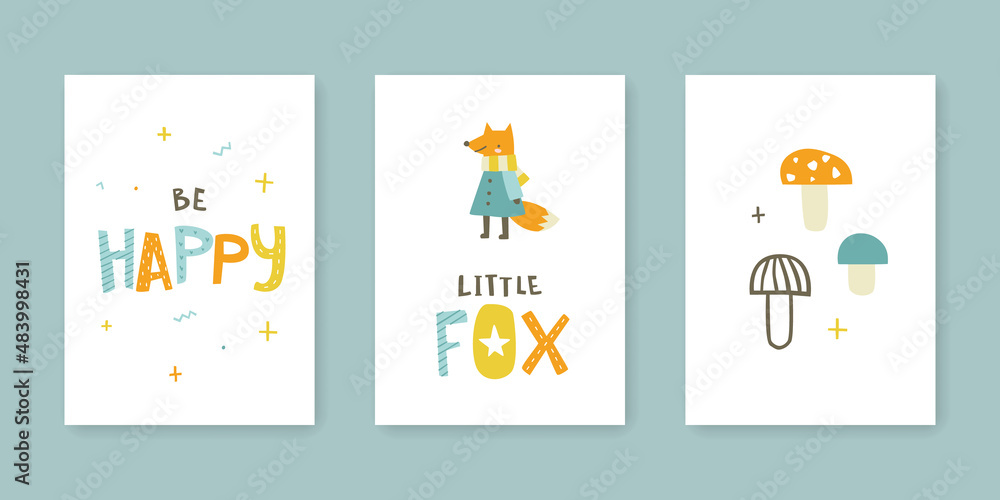 Doodle nursery poster set with fox and text. Collection of cute baby cards with lettering.