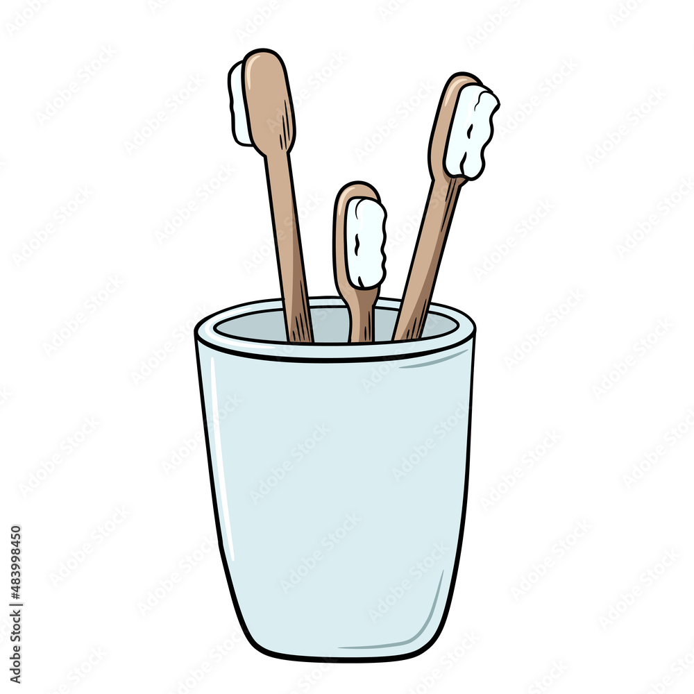Colorful toothbrushes in a glass for a family. Simple doodle drawing ...