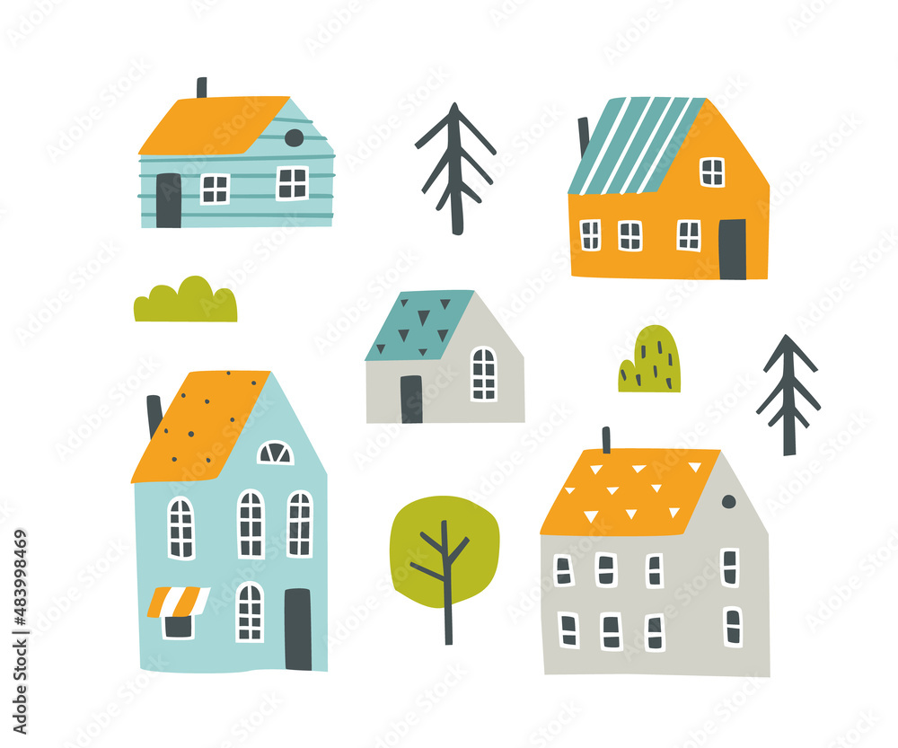 Set of scandinavian cute houses. Collection of abstract doodle cottages and trees.