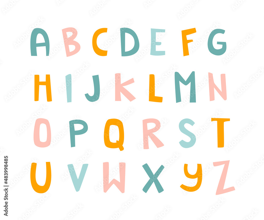 Cute doodle alphabet for children print. Abstract colorful set of letters.