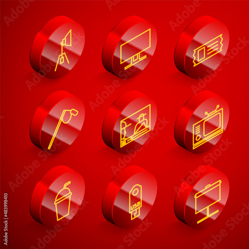 Set line Movie spotlight, Smart Tv, Cinema ticket, Microphone, Online play video, Retro tv, Paper glass with straw and USB flash drive icon. Vector
