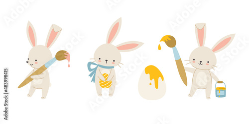 Set of cute easter rabbits with brush paint eggs. Collection of cartoon easter bunny.