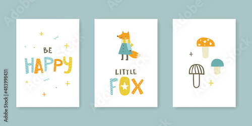 Doodle nursery poster set with fox and text. Collection of cute baby cards with lettering.