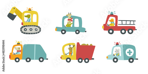 Set of cute cartoon baby cars with animals. Collection of doodle vehicle with mammal drivers.