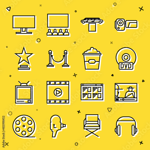 Set line Headphones, Online play video, CD or DVD disk, Limousine car and carpet, Rope barrier, Movie trophy, Smart Tv and Popcorn box icon. Vector