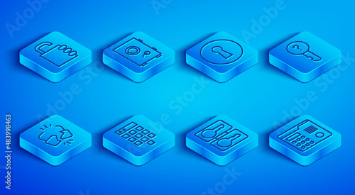 Set line Safe combination lock, Keyhole, Password protection, Casting keys, Undefined, Broken cracked and House intercom system icon. Vector