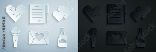 Set Envelope with Valentine heart, Heart, Microphone, Champagne bottle, Marriage contract and Broken or divorce icon. Vector