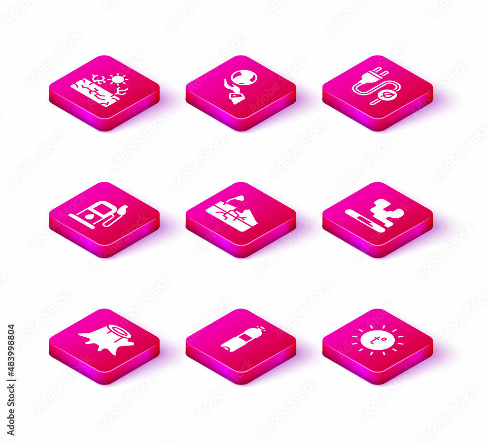 Set Tree stump, Bottle of water, Petrol or gas station, Earthquake, Sun, Cigarette, Electric saving plug in leaf and Hands holding globe icon. Vector