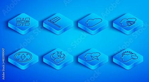 Set line Snowflake, Cone windsock wind vane, Cloud, with moon, Storm, warning, Compass and rain and sun icon. Vector