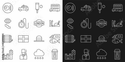 Set line London phone booth, Fish and chips, Robin hood hat, Wood cricket bat ball, Watch with chain, underground, British breakfast and sign icon. Vector