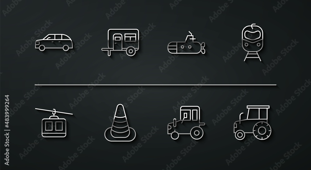 Set line Hatchback car, Cable, Train and railway, Tractor, Traffic cone, Rv Camping trailer, and Submarine icon. Vector