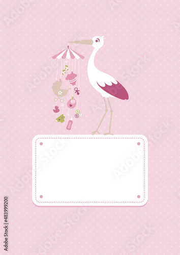 Storch Auf Schild Mit Mobilé Hängende Babysymbole Mädchen Rosa Olivgrün Punkte