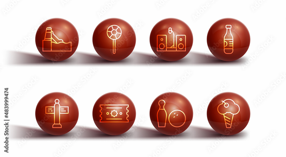 Set line Water slide, Road traffic signpost, Bottle of water, Bowling pin and ball, Ticket, Lollipop, Ice cream waffle cone and Home stereo with two speakers icon. Vector Set line Water slide, Road traffic signpost, Bottle of water, Bowling pin and ball, Ticket, Lollipop, Ice cream waffle cone and Home stereo with two speakers icon. Vector