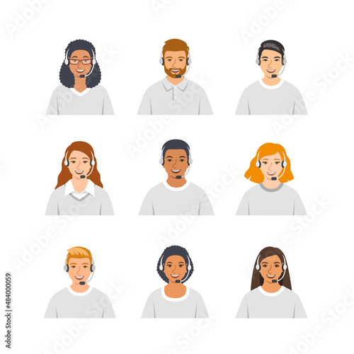 Call center customer care operators with headsets, flat vector icons. Customer support service agents avatars, men and women. Friendly faces for online chat banner. Contact centre assistants