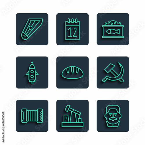 Set line Accordion, Oil pump pump jack, Joseph Stalin, Tin can with caviar, Bread loaf, Rocket ship, Kankles and Hammer and sickle USSR icon. Vector