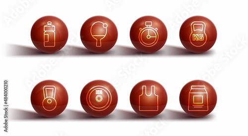 Set line Fitness shaker, Kettlebell, Sleeveless T-shirt, Weight plate, Racket and ball, Sports nutrition and Stopwatch icon. Vector