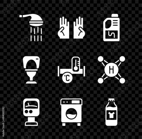 Set Shower, Rubber gloves, Drain cleaner bottle, Pressure water meter, Washer, Bottle for cleaning agent, Toilet bowl and Industry metallic pipe icon. Vector
