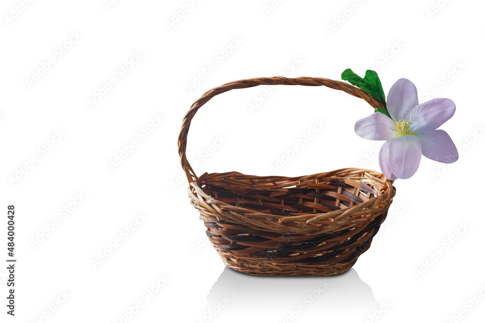 beautiful pinkand white flowers tied to a wicker basket on white background, decor, object, vintage, nature, copy space beautiful pinkand white flowers tied to a wicker basket on white background, decor, object, vintage, nature, copy space