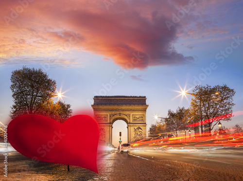 Arc de Triumph against red heart on Champs-Elysees street, Happy Valentine's Day, Paris in love, France