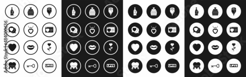 Set Flower rose, Necklace with heart shaped, Heart in speech bubble, Champagne bottle, Dating app online, Wedding cake, flower and icon. Vector