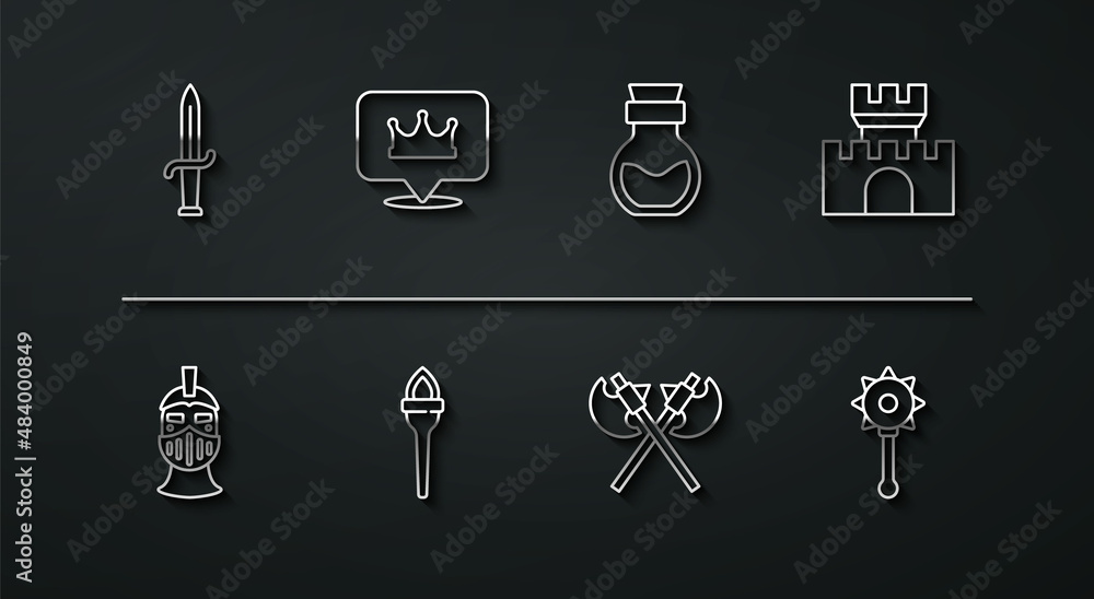 Set line Dagger, Medieval iron helmet, Castle, fortress, Crossed medieval axes, Torch flame, Location king crown, chained mace ball and Poison bottle icon. Vector Set line Dagger, Medieval iron helmet, Castle, fortress, Crossed medieval axes, Torch flame, Location king crown, chained mace ball and Poison bottle icon. Vector