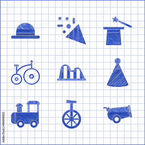 Set Roller coaster, Unicycle or one wheel bicycle, Cannon, Party hat, Toy train, Vintage, Magic and wand and Clown icon. Vector