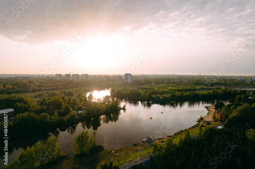 Aerial photography of a city park with a river © Александр Захаров