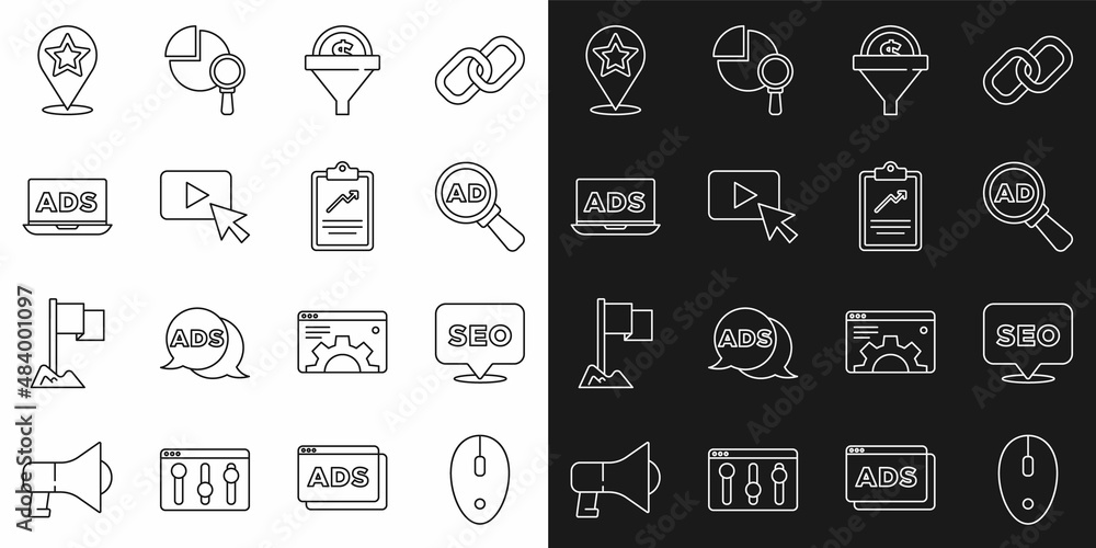 Set line Computer mouse, SEO optimization, Advertising, Lead management, Map pointer with star and Clipboard graph chart icon. Vector
