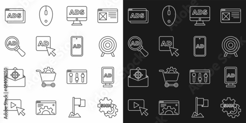 Set line Social media marketing, Advertising, Target sport, and icon. Vector