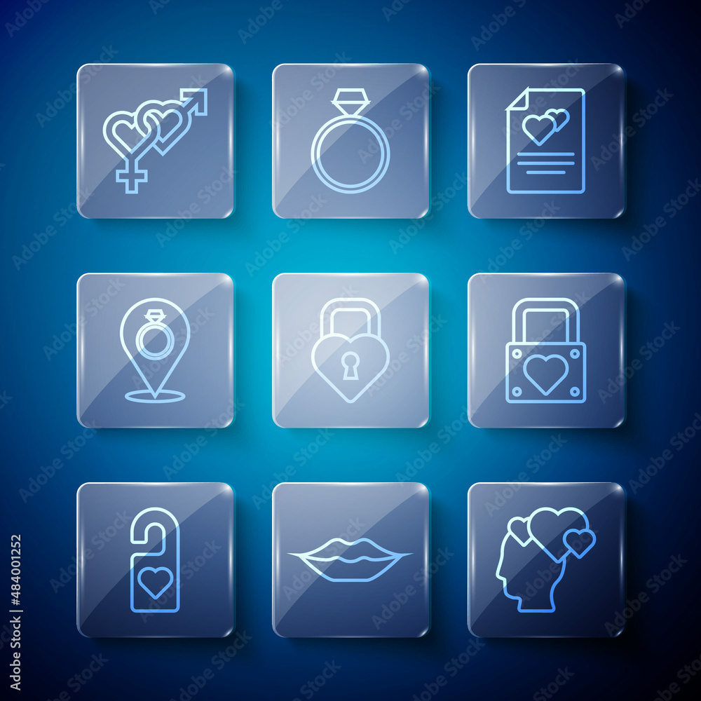 Set line Please do not disturb, Smiling lips, Head with heart, Greeting card, Castle the shape of, Wedding rings, Gender and Lock and icon. Vector Set line Please do not disturb, Smiling lips, Head with heart, Greeting card, Castle the shape of, Wedding rings, Gender and Lock and icon. Vector