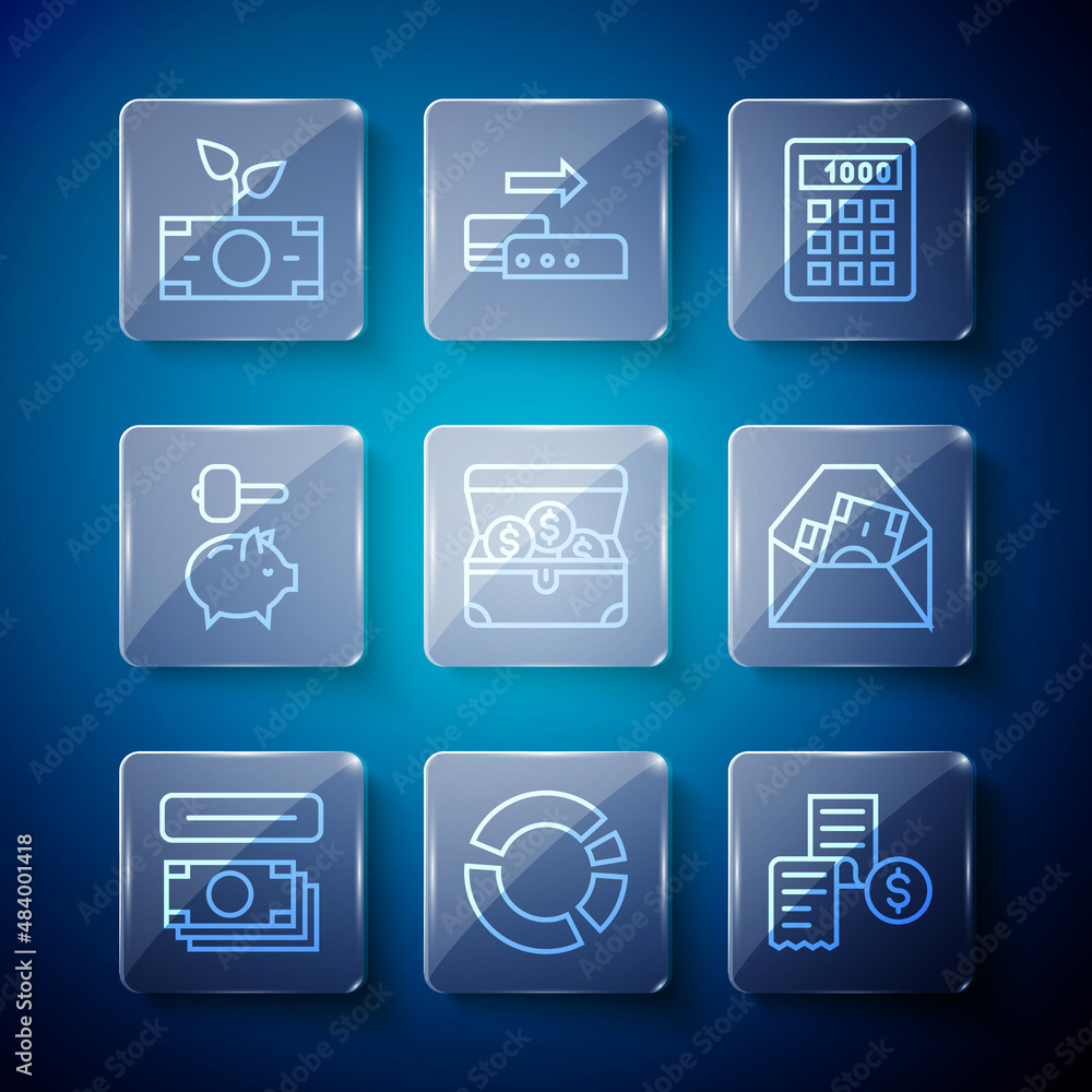Set line ATM and money, Pie chart infographic, Paper or financial check, Calculator, Treasure chest, Piggy bank hammer, Money plant the pot and Envelope with dollar symbol icon. Vector Set line ATM and money, Pie chart infographic, Paper or financial check, Calculator, Treasure chest, Piggy bank hammer, Money plant the pot and Envelope with dollar symbol icon. Vector