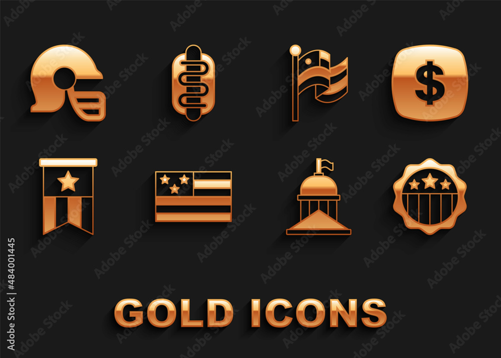 Set American flag, Dollar symbol, USA Independence day, White House, football helmet and Hotdog sandwich icon. Vector Set American flag, Dollar symbol, USA Independence day, White House, football helmet and Hotdog sandwich icon. Vector