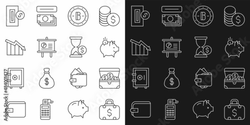 Set line Briefcase and money, Treasure chest, Piggy bank with coin, Bitcoin, Chalkboard diagram, Financial growth decrease, Inserting and Hourglass dollar icon. Vector