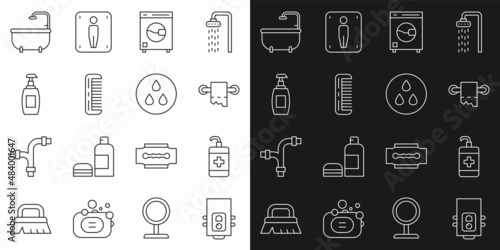 Set line Gas boiler, Hand sanitizer bottle, Toilet paper roll, Washer, Hairbrush, Bottle of liquid soap, Bathtub and Water drop icon. Vector