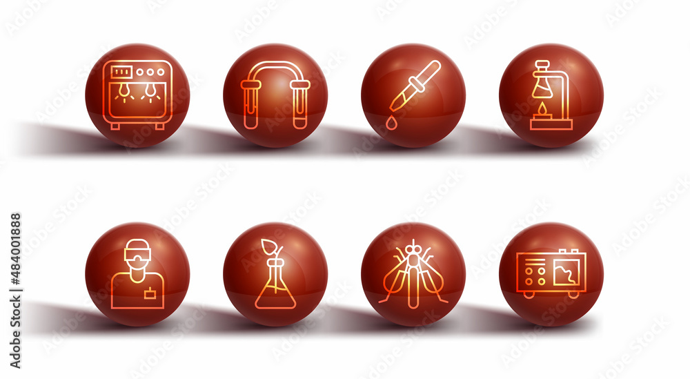 Set line Biosafety box, Laboratory assistant, Test tube flask on fire, Experimental insect, Plant breeding, and, Spectrometer and Pipette icon. Vector Set line Biosafety box, Laboratory assistant, Test tube flask on fire, Experimental insect, Plant breeding, and, Spectrometer and Pipette icon. Vector