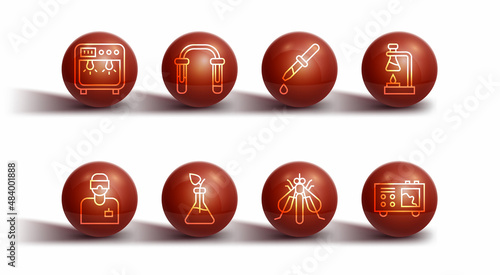 Set line Biosafety box, Laboratory assistant, Test tube flask on fire, Experimental insect, Plant breeding, and, Spectrometer and Pipette icon. Vector