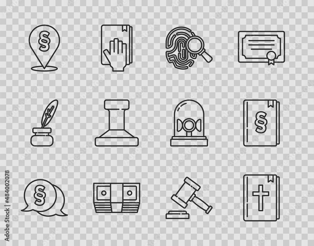 Set line Law, Holy bible book, Fingerprint, Bribe money cash, Location law, Stamp, Judge gavel and icon. Vector Set line Law, Holy bible book, Fingerprint, Bribe money cash, Location law, Stamp, Judge gavel and icon. Vector