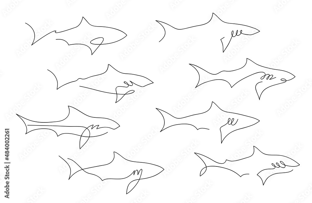 One line shark design silhouette. set Hand drawn minimalism style vector illustration.